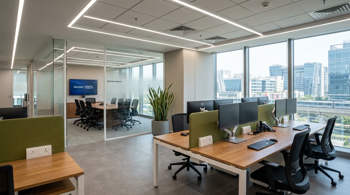 Modern Indian Corporate Turnkey Office Fitout with Modular Workstations and Meeting Rooms